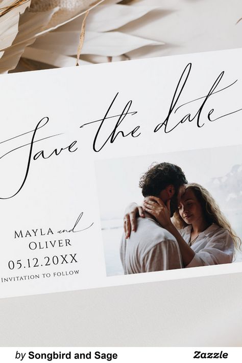 This whimsical minimalist script horizontal save the date is perfect for your classic simple black and white minimal modern boho wedding. The design features elegant, delicate, and romantic handwritten calligraphy lettering with formal shabby chic typography. The look will go well with any wedding season: spring, summer, fall, or winter. The product is editable and has plenty of blank space, so you can add your own graphics or pictures if you want to customize it. Whimsical Minimalist, Chic Typography, Modern Boho Wedding, Wedding Announcement Cards, Handwritten Calligraphy, White Minimal, Calligraphy Lettering, Save The Date Card, Blank Space