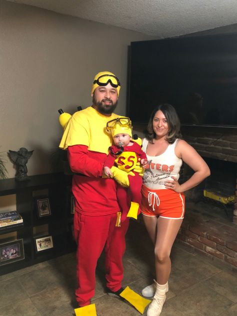 Adam Sandler’s big daddy movie family themed Halloween costume diy Scuba Steve Costume Diy, Big Daddy Halloween Costume, Scuba Steve Costume, Adam Sandler Costume Ideas, Hooters Girl Costume, Hooters Costume, Steve Costume, Scuba Steve, Future Costume