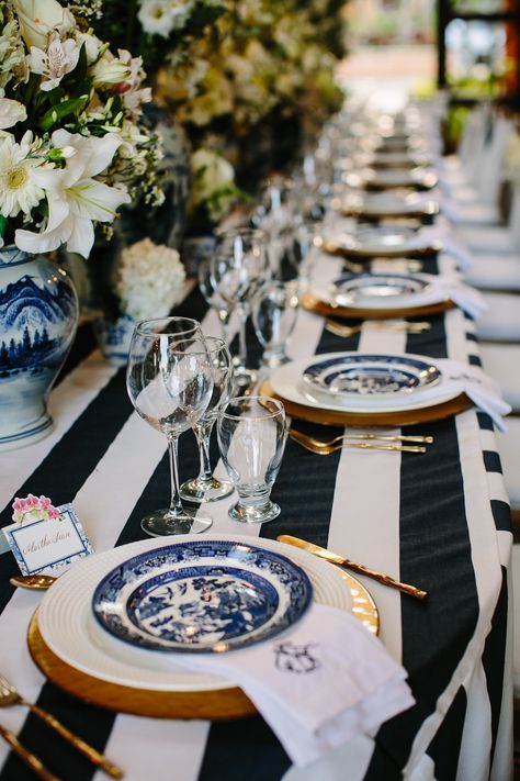 China Blue Wedding, Dominican Republic Wedding, Blue Willow China, Striped Wedding, Nautical Party, Nautical Wedding, Blue Willow, Table Arrangements, White Decor