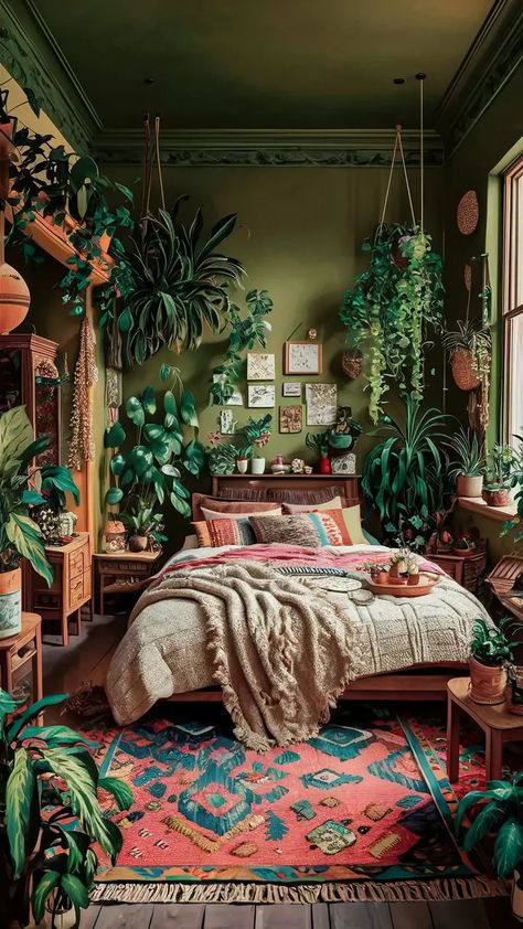 22+ Green Boho Bedroom Ideas for Your Sanctuary 6 Bedroom Ideas Green And Gold, Forest Green Boho Bedroom, Green Curtains Bedroom Ideas, Bottle Green Bedroom, Bright Green Bedroom, Jungle Bedroom Ideas For Adults, Bedroom With Green Walls, Green And Orange Bedroom, Green Boho Bedroom Ideas