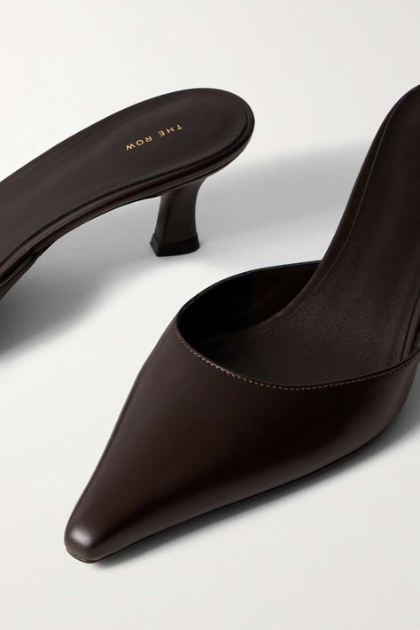 Dark brown Cybil leather mules | THE ROW | NET-A-PORTER Pointed Mules Heels, Vintage Mules Heels, Black Fall Shoes, Kitten Heels Mules, The Row Heels, The Row Shoes, The Row Aesthetic, The Row Boots, Brown Kitten Heels