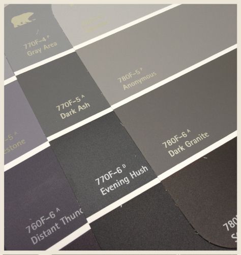 Colorfully, BEHR :: Behr’s 50 Shades of Grey Evening Hush Behr Paint, Behr Evening Hush, Behr Dark Gray Paint, Dark Gray Bedroom Walls, Behr Gray, Grey Bathroom Paint, Dark Greige, Color Categories, Black Exterior Doors