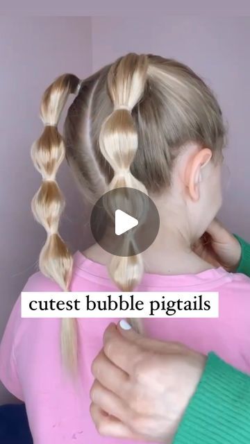 Bubble Ponytail Pigtails, Kids Bubble Braid Hairstyles, Toddler Pigtails Hairstyles, Girl Updos Kids, Kids Bubble Braid, Pigtail Bubble Braid, Toddler Bubble Braid, Girls Ponytail Hairstyles Kids, Pig Tails Hairstyles Kids