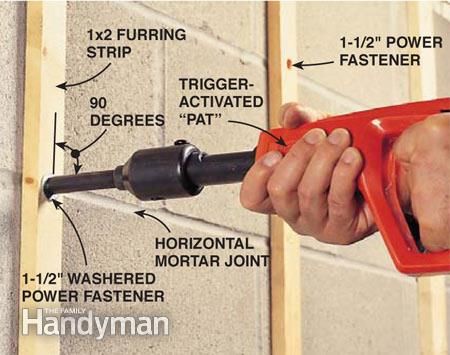 installing furring strips Basement Finish, Concrete Anchors, Stripped Wall, Basement Reno, Concrete Block, Basement Walls, Water Solutions, Construction Adhesive, Concrete Slab