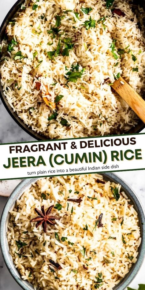 Super soft and fluffy, this easy cumin rice is loaded with warm spices. Served as a side, it's the perfect Indian rice dish. Indian Style Rice Recipe, Cumin And Cashew Yogurt Rice, Indian Rice Pilaf, Arab Side Dishes, Spice Rice Recipes, Rice For Curry, Rice With Curry Recipe, Indian Curry Rice, India Food Recipes Indian Dishes