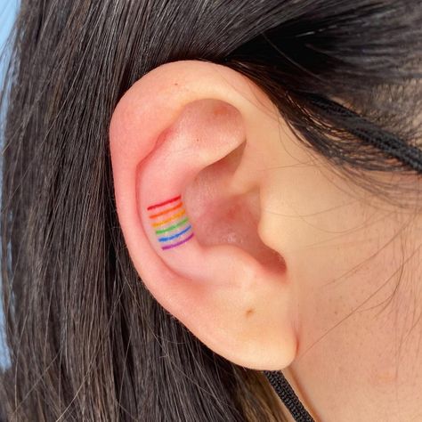 Ear Rainbow Tattoo, Inner Ear Tattoo, Lgbt Tattoo, Small Tattoos Ideas, Gay Tattoo, Cuff Tattoo, Pride Tattoo, Rainbow Tattoos, Anklet Tattoos