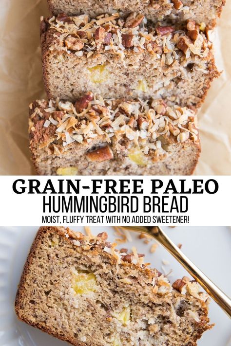 Grain-Free Hummingbird Bread - Grain-Free Hummingbird Bread is a moist, fluffy quick bread featuring ripe bananas, pineapple, nuts, and cinnamon. No added sweetener! Hummingbird Bread Recipe, Hummingbird Bread, Pineapple Bread, Grain Free Bread, Healthy Bread Recipes, Paleo Banana, Bird Cakes, Nut Bread, Ripe Bananas