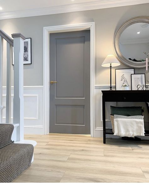 Grey Doors White Trim, Paint Doors White, Moles Breath, Grey Internal Doors, Interior Door Colors, Grey Interior Doors, Monochromatic Interior, Entrance Hall Decor, Painted Wainscoting