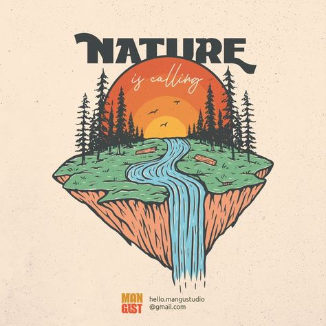 Nature is Calling is a vintage illustration that is suitable for apparel or merchandise about nature, outdoors, adventure, mountain, paradise, falls, national park, summer, tropical, vacation, holiday, waterfall. Mountain Tshirt Design, Adventure Mountain, Paradise Falls, Mountain Drawing, Man Illustration, Mountain Tshirt, Adventure Outfit, About Nature, Van Design