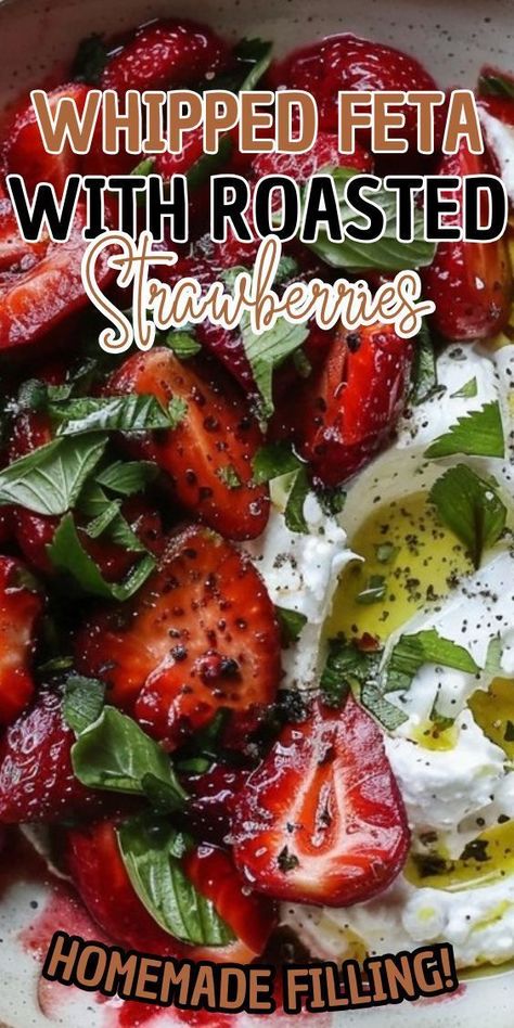 This whipped feta with greek yogurt dip is paired with balsamic roasted strawberries and basil. It��’s a sweet, savoury, and DELICIOUS appetizer or starter. Can be made in advance, with an option to serve as crostini! Strawberry Appetizer, Balsamic Roasted Strawberries, Strawberry Appetizers, Greek Yogurt Dip, Strawberry Feta, Roasted Strawberry, Strawberry Balsamic, Feta Recipes, Roasted Strawberries