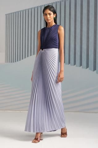 Shop for Pleats By Aruni Blue Crepe Colorblock Pleated Gown for Women Online at Aza Fashions Minimalist Gown, Pleats Dress, Anushree Reddy, Pleated Gown, Gown For Women, Anarkali Gown, Georgette Dress, Blue Gown, Full Dress