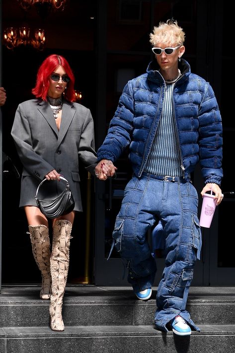 It's 93°F Outside — Perfect Weather For MGK's Denim Puffer Jacket! https://www.highsnobiety.com/p/mgk-megan-fox-denim-puffer-outfit/ #Style #fashion Denim Puffer Jacket Outfit, Mgk Megan, I Hate Summer, Puffer Outfit, Hate Summer, Red Bob, Megan Denise Fox, Puffer Jacket Outfit, Air Jordan 1s