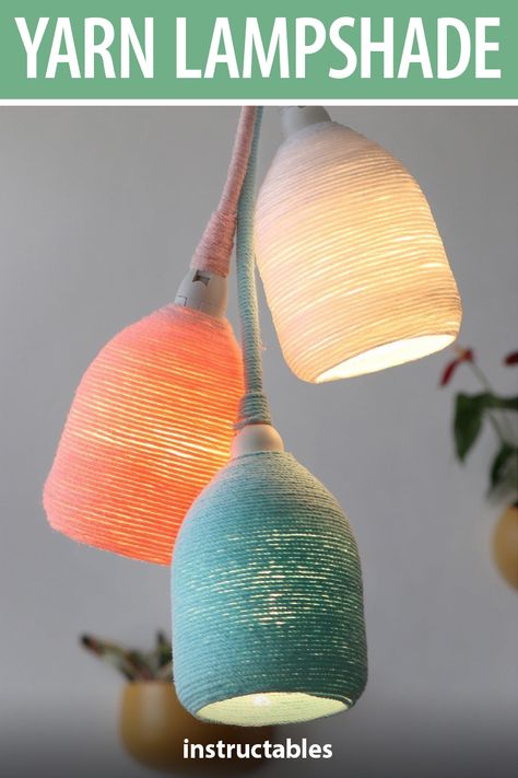 Upcycle old plastic bottles into lampshades by wrapping them with yarn! #Instructables #reuse #upcycle #lighting #craft Upcycled Lamps Ideas, Plastic Lampshade Makeover, Yarn Wrapped Lampshade, Diy Wall Lamp Shade, Upcycle Plastic Bottles Creative Ideas, Upcycling Lampshades, Yarn Lampshade Diy, Upcycle Lampshade, Yarn Lampshade