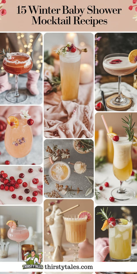 "Discover 15 delightful Winter Baby Shower Mocktail Recipes perfect for your  cozy celebration! These non-alcoholic beverages are ideal for creating  warm, inviting atmospheres at your winter baby shower. Explore our  collection of cozy drinks that will impress your guests and complement your  baby shower ideas. Celebrate the season with these refreshing mocktails,  perfect for any seasonal celebration!" Bridal Shower Mocktail Recipe, Mocktail Baby Shower Bar, Baby Shower Mocktails Non Alcoholic, Mocktails Non Alcoholic Winter, Easy Mocktail Recipes Non Alcoholic, Fancy Mocktails Non Alcoholic, Baby Shower Punch Ideas, Mocktail Recipes Non Alcoholic, Cute Mocktails