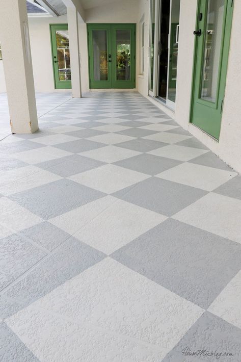 Painting Concrete Floors Outdoor, Painted Brick Patio Floor, Painted Back Porch Concrete, Painted Checkerboard Floor Porch, Checkerboard Patio Floor, Painting A Concrete Patio, Painted Checkerboard Patio, Checkerboard Painted Concrete, Painting Porch Floors