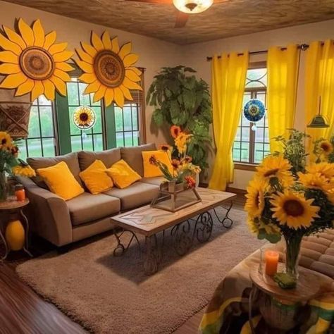 Sunflower Living Room, Dirty Kitchen Design, Monique Lula, Sunflower Home Decor, Dirty Kitchen, Glow Jewelry, Sunflower Kitchen, Futuristic Home, Sunflower Wallpaper