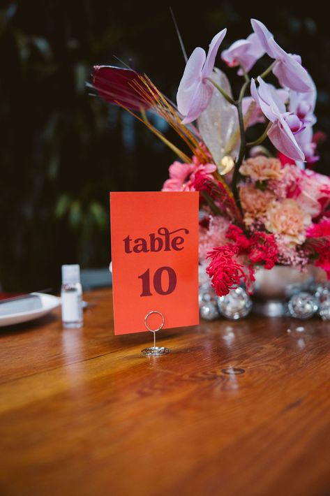 retro table numbers #DTLAwedding #colorfulweddingplanner #losangelesweddingplanner Table Numbers Wedding Colorful, Neon Table Numbers, Retro Wedding Seating Chart, Retro Table Numbers Wedding, Retro Table Numbers, Retro Seating Chart, November Elopement, Unique Wedding Table Numbers, Table Number Design