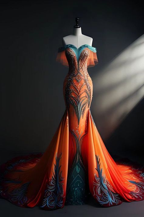 Phoenix Dress Gowns, Red And Orange Dress, Phoenix Gown, Phoenix Dress, Crazy Dresses, Fantasy Dresses, Fantasy Gowns, Fairytale Dress, Fantasy Dress