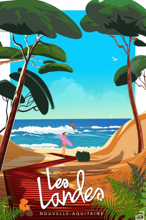 South Of France Illustration, Les Lalanne Poster, French Riviera Illustration, Long Island Poster, Billabong Surf Poster, Digital Ocean, Beach People, Aquitaine, Western Europe