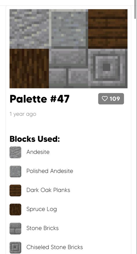 Minecraft Block Palette Stone Brick, Dark Oak Pallet Minecraft, Dark Academia Minecraft Block Palette, Minecraft Medieval Block Palette, Dark Oak Flooring Minecraft, Dark Oak Block Pallet Minecraft, Dark Minecraft Palette, Minecraft Dark Oak Palette, Minecraft Block Palette Aesthetic