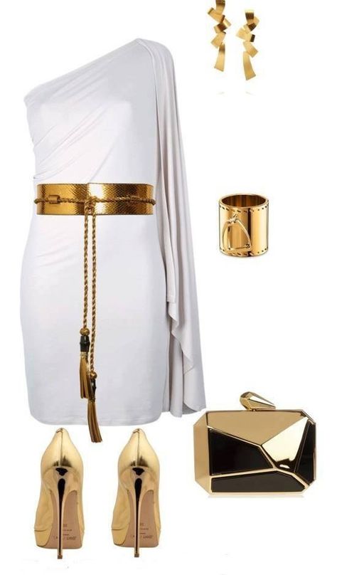 Outfit Gold And White Outfit, Dress Earrings, Goddess Outfit, Gold Outfit, What To Wear Today, Moda Chic, Looks Chic, Gold Accessories, Beautiful Fashion