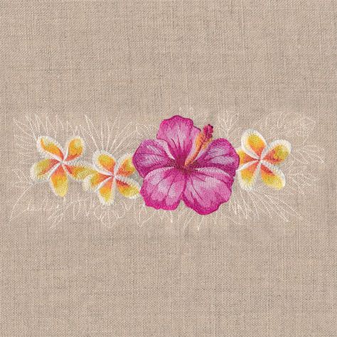 Dream of a sweet summer breeze as you stitch this machine embroidery design onto table runners, pillows and more! A tropical vacation awaits -- even if you never leave your front door. Hawaiian Flower Embroidery, Floral Beading Patterns, Hibiscus Flower Embroidery, Hibiscus Embroidery, Tropical Embroidery, Linoleum Printmaking, Converse Embroidery, Embroidered Bath Towels, Embroidered Apron