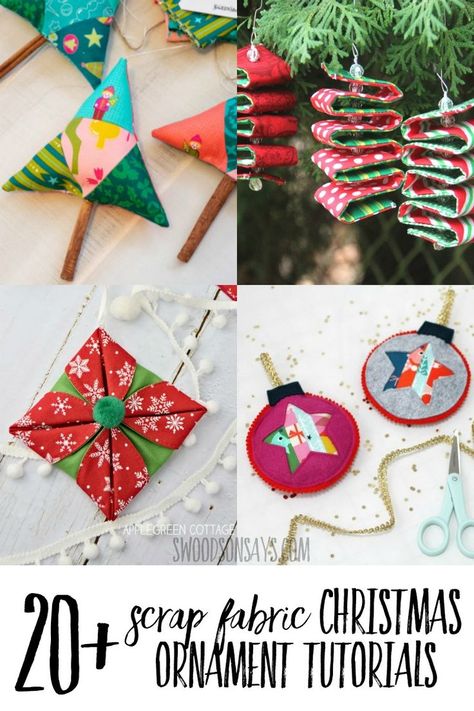 A roundup of ideas for diy Christmas ornaments that use up fabric scraps! Free Christmas ornament sewing tutorials that make great gifts. Christmas Ornament Sewing, Christmas Crafts Sewing, Fabric Christmas Decorations, Sewn Christmas Ornaments, Sewing Christmas Gifts, Christmas Fabric Crafts, Christmas Sewing Projects, Quilted Christmas Ornaments, Ornament Tutorial