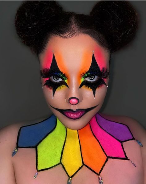 Colorful Clown Makeup Halloween, Crazy Clown Makeup, Neon Clown Makeup, Clown Face Painting, Colorful Clown Makeup, Clown Makeup Looks, Makeup Looks For Halloween, Maquillage Halloween Clown, Maleficent Makeup