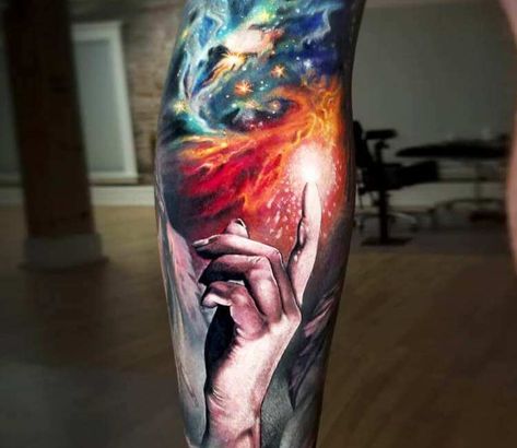 Nebula with Hand, full colors realistic tattoo artwork done by tattoo artist Arlo DiCristina | Post 24989 | World Tattoo Gallery - Best place to Tattoo Arts Outer Space Tattoos, Nebula Tattoo, Tattoo Off, Galaxy Tattoo, Tattoo People, World Tattoo, Full Sleeve Tattoos, Space Tattoo, Best Sleeve Tattoos