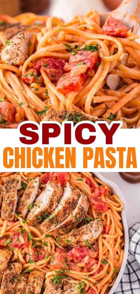 Spicy Chicken And Pasta, Tomato Cream Chicken Pasta, Spicy Linguine Recipes, Spicy Chicken Alfredo Recipe, Desert Fire Pasta, Chicken Pasta Recipes Red Sauce, Chicken Pasta Red Sauce, Chicken Arrabiata Recipe, Chicken Linguine Recipes