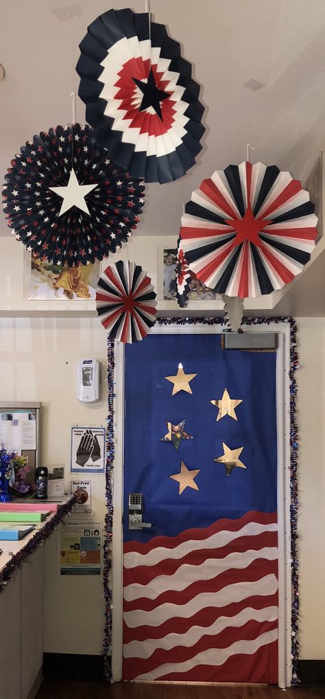 USA Theme Classroom Door Usa Theme Classroom, America Classroom Theme, Fourth Of July Door Decorations Daycare, Fourth Of July Classroom Door Ideas, Usa Classroom Theme, Red White Blue Classroom, Patriotic Classroom Theme, Patriotic Door Decorations, Patriotic Classroom