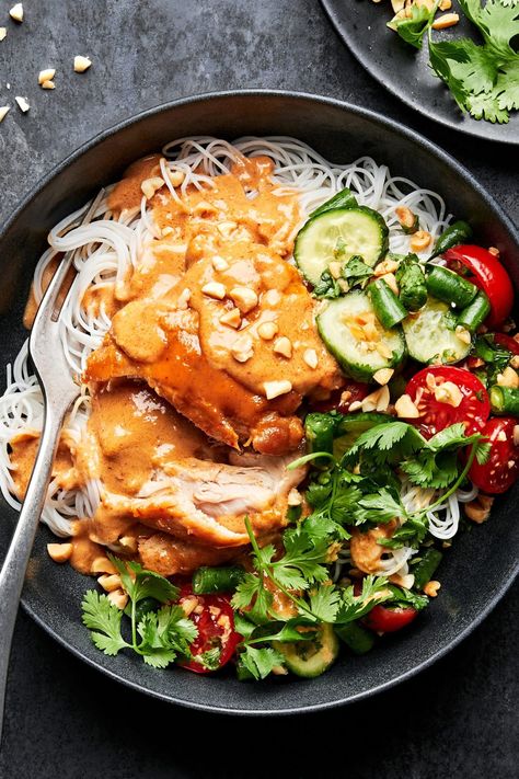 Peanut Chicken Noodle Bowl | The Modern Proper Noodle Bowl Recipes, Chicken Noodle Bowl, Easy Peanut Chicken, Noodle Bowls Recipes, Homemade Peanut Sauce, Main Recipes, Shrimp Spring Rolls, The Modern Proper, Modern Proper