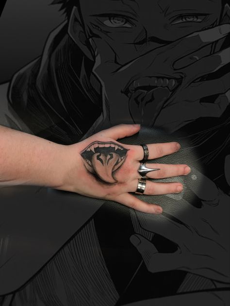 A badass sukuna inspired tattoo i got to do for a amazing client Jujitsu Kaisen Tattoo Sukuna, Sakuna Jujutsu Hand Tattoo, Jjk Sukuna Tattoo, Jjk Inspired Tattoos, Jujutsu Kaisen Hand Tattoo, Sukuna Tongue, Sakuna Jujutsu Tattoo, Sukuna Mouth Tattoo, Sukuna Hand Tattoo