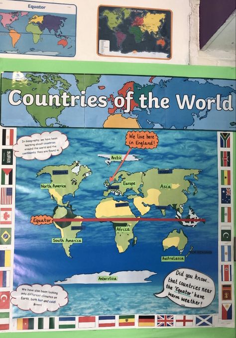 Year 1 geography display on the topic of countries and continents Geography Display Primary, Geography Display, Continents Of The World, Geography Classroom, World Countries, School Displays, Classroom Organisation, Classroom Display, My Year