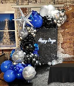 Black Silver Balloon Garland, Balloons For Men, Men 30th Birthday, Blue Birthday Themes, Disco Ball Balloons, Silver Balloon Garland, Ball Balloons, 90s Disco, Music Birthday Party