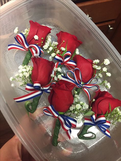 Red White and Blue boutonnieres 🌹 Red White Blue Wedding Decorations, Red White And Blue Corsage, Red White And Blue Boutonniere, Red White Blue Wedding Theme, July 4 Wedding, Red White And Blue Wedding Decorations, Red White And Blue Wedding Flowers, Red White And Blue Wedding Theme, Patriotic Wedding Ideas