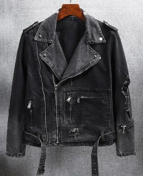 Men Vintage Harajuku Belt Denim Motorcycle Zipper Jacket Biker Denim Jacket, Denim Motorcycle Jacket, American Street Fashion, Black Leather Jeans, Cafe Racer Leather Jacket, Biker Denim, Jean Jacket Men, Printed Denim Jacket, Denim Inspiration