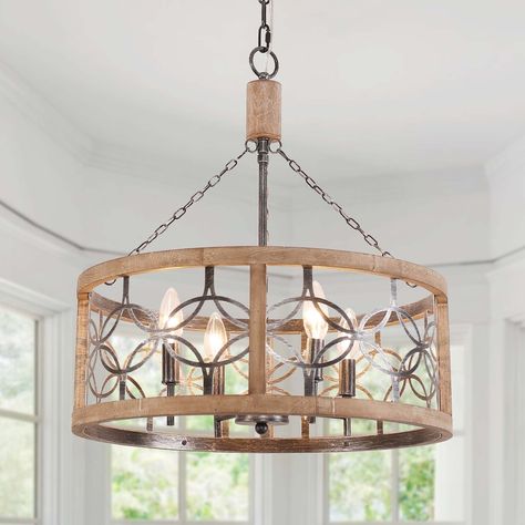 Cusp Barn 4-Light Rustic Wood Chandelier Drum Farmhouse Metal Finish Pendant Light Fixtures for Entryway - On Sale - Bed Bath & Beyond - 36139678 Rustic Chandelier Farmhouse Entryway, Modern Coastal Chandelier Dining Room, Dining Room Lighting Over Table Vintage, Farmhouse Entry Light Fixtures, Farmhouse Kitchen Lighting Over Table, Lake House Lighting Fixtures, Farmhouse Dining Room Lighting Over Table, Farmhouse Chandelier Foyer, Dining Room Light Fixtures Over Table