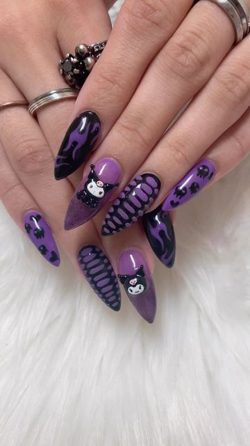 Kuromi Nails Acrylic Purple, Sanrio Nails Acrylic Kuromi, Kuromi Nails Purple, Gel Nails Hello Kitty, Purple Hello Kitty Nails, Kuromi Nails Short, Kuromi Acrylic Nails, Kuromi Nails Acrylic, Uñas Kuromi