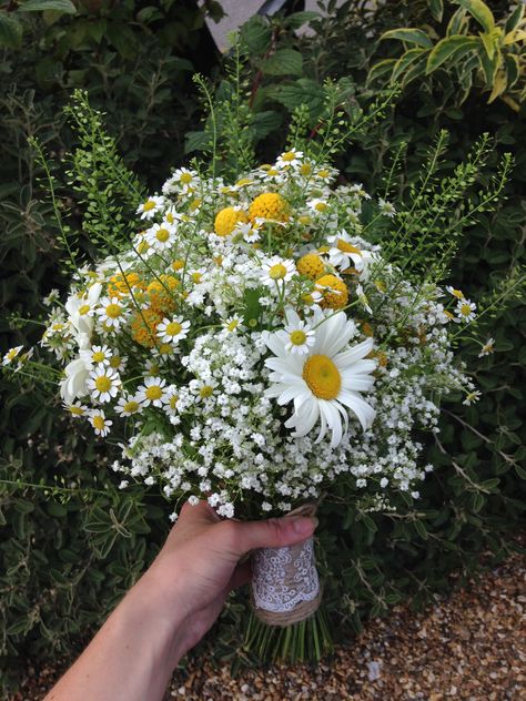 Rustic hand tied of Gypsophila, Daisies, Craspedia and Thlaspi Daisy Boutineer, Daisy And Baby Breath Bouquet, Daisies And Baby Breath, Daisy And Gypsophila Bouquet, Wedding Bouquets Daisies, Wild Daisy Bouquet, Bouquet Wedding Daisy, Daisy Prom Bouquet, Wedding Flowers Daisies