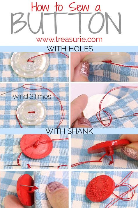 How to Sew a Button - BEGINNERS Guide |TREASURIE Sew A Button, Teaching Sewing, Hand Sewing Projects, Diy Buttons, Sewing Class, Sewing Lessons, Button Crafts, Sewing Projects For Beginners, Sewing Skills