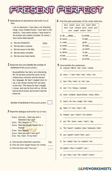 Present Perfect Worksheets Grammar, Present Perfect Worksheets, English Excercise, Present Perfect Simple, Present Perfect Tense, English Poems For Kids, English For Students, English Grammar Exercises, English Language Test