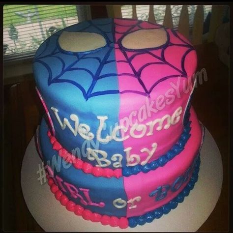 Gender reveal Spiderman/ Spider girl cake #WendyCupcakesYum Spiderman Gender Reveal, Spiderman And Spider Girl, Super Hero Gender Reveal Ideas, Marvel Gender Reveal, Birthday Cakes Spiderman, Harleys Or Hair Bows Gender Reveal, Superhero Gender Reveal, Girly Spider-man Birthday, Cakes Spiderman