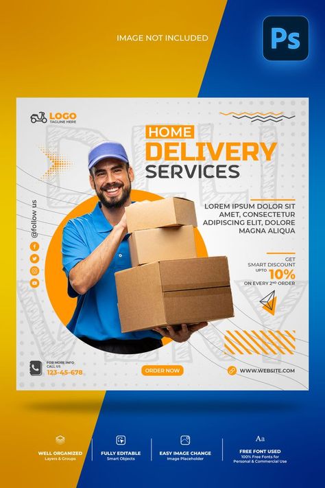 Fast home delivery service marketing and promotion social media PSD editable post design template. Well-organized all layers and groups, designed in Adobe Photoshop with free commercial fonts used. Marketing Social Media Post, Logistics Design, Travel Website Design, Magazine Design Cover, Photoshop Training, Service Marketing, Free Commercial Fonts, Flyer Free, Social Media Advertising Design