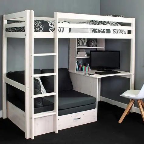 The drawer could pull out into a single... Loft Bed With Couch, Loft Beds For Teens, Girls Loft Bed, High Sleeper Bed, Diy Loft Bed, Bunk Bed With Desk, Small Apartment Bedrooms, Bed With Desk, Cool Bunk Beds