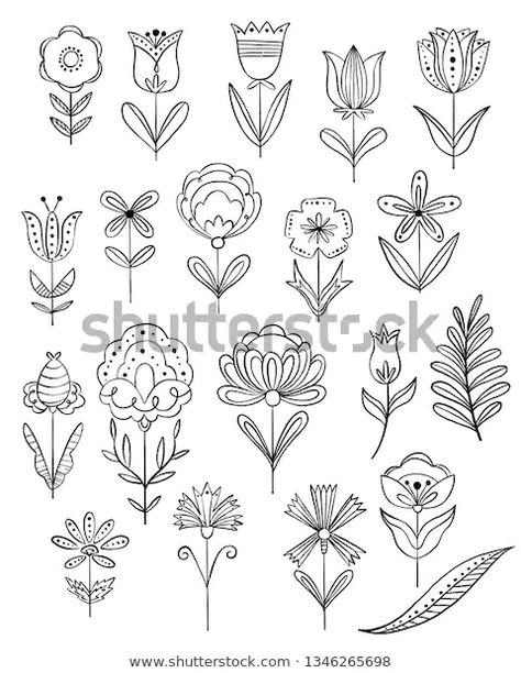 Folk Flower Tattoo, Floral Doodles, Simple Flower Drawing, Folk Art Floral, Floral Line Art, Flower Line Drawings, Flower Symbol, Floral Doodle, Flower Drawing Design