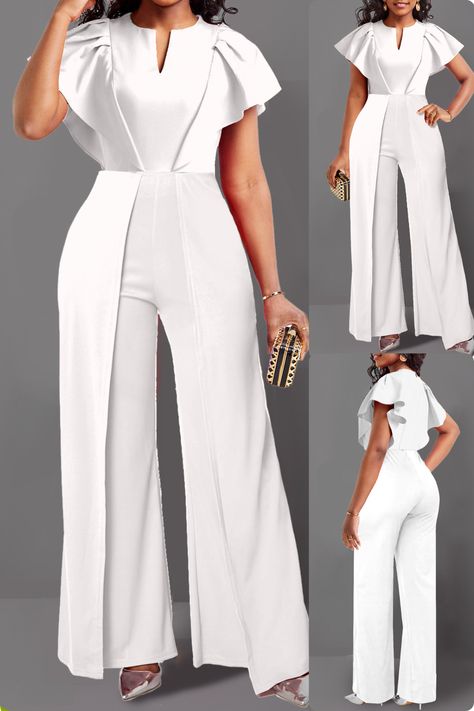 This asymmetry long v neck short sleeve white jumpsuit is a stylish and elegant outfit perfect for a cocktail party or a special occasion. The jumpsuit features a v-neck, short sleeves, and a long asymmetrical hem. It has a split detail on the side and patchwork detailing on the front. The wide-leg pants are made of a comfortable and breathable 97% polyester and 3% spandex blend. #asymmetryjumpsuit #whitejumpsuit #vneckjumpsuit #shortsleevejumpsuit #longjumpsuit #whitefashion #summerfashion White Party Outfits Women, Jumpsuit Outfit Party, Jumpsuits For Women Classy, Short Jumpsuit Outfit, Cocktail Jumpsuit, Classy Jumpsuit, Beautiful Jumpsuits, 2piece Outfits, Jumpsuits And Rompers