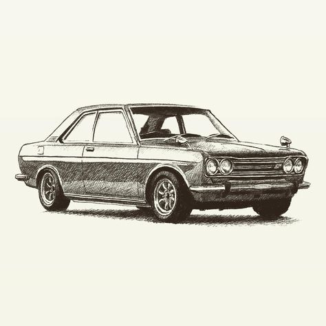 Datsun Bluebird 510, Car Drawing Pencil, Datsun 1600, Datsun Bluebird, Diy Drawing, Datsun 510, Drawing Inspo, Car Drawings, Bluebird