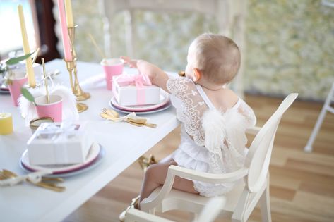 Alora Mae's First Birthday | CatchMyParty.com Angel Birthday Theme, Kiss Birthday Party, Shabby Chic Ideas, Party Ideas For Girls, Angel Birthday, Birthday Balloons Pictures, Girl Parties, Shabby Chic Party, Diy Birthday Banner