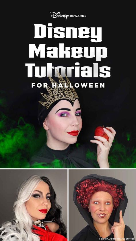 Transform into the Evil Queen, Cruella or Winifred Sanderson Evil Queen Costume Diy Easy, Evil Queen Makeup Tutorial, Villain Women Costumes, Evil Queen Costume Diy, Disney Halloween Makeup, Evil Queen Halloween Costume, Evil Queen Makeup, Disney Villains Makeup, Evil Queen Costume